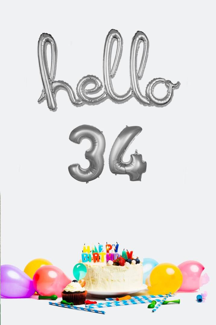 34 Yaş Doğum Günü Balonları - Hello 34 El Yazısı Gümüş Renk Folyo Balon - 1