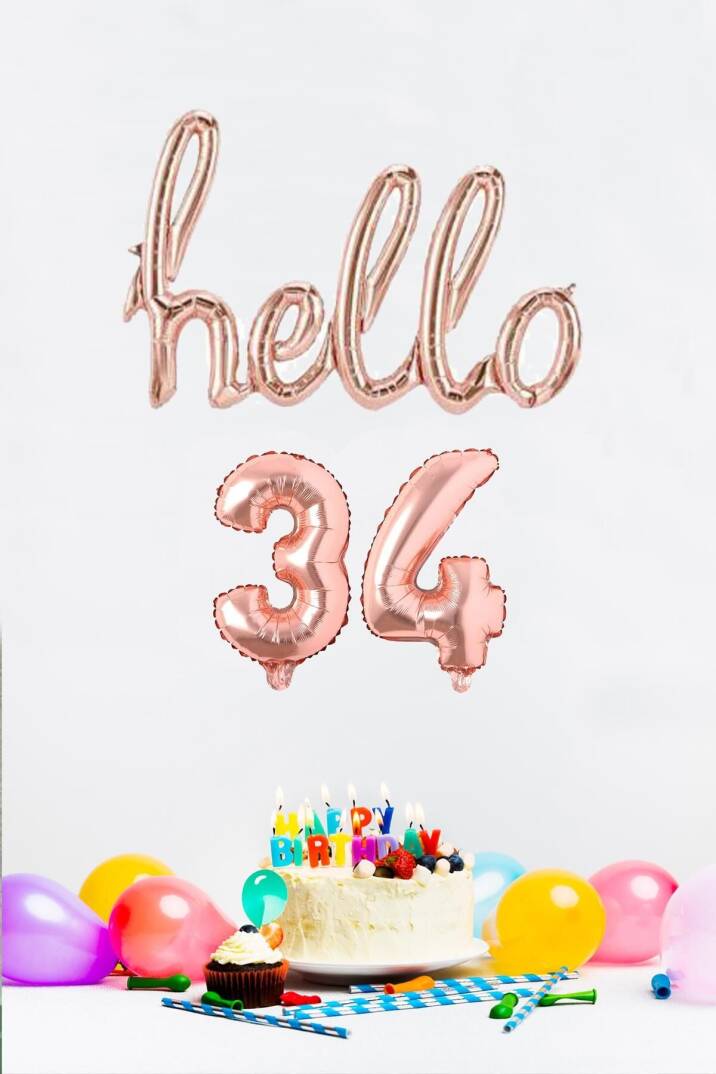 34 Yaş Doğum Günü Balonları - Hello 34 El Yazısı Rose Gold Renk Folyo Balon - 1