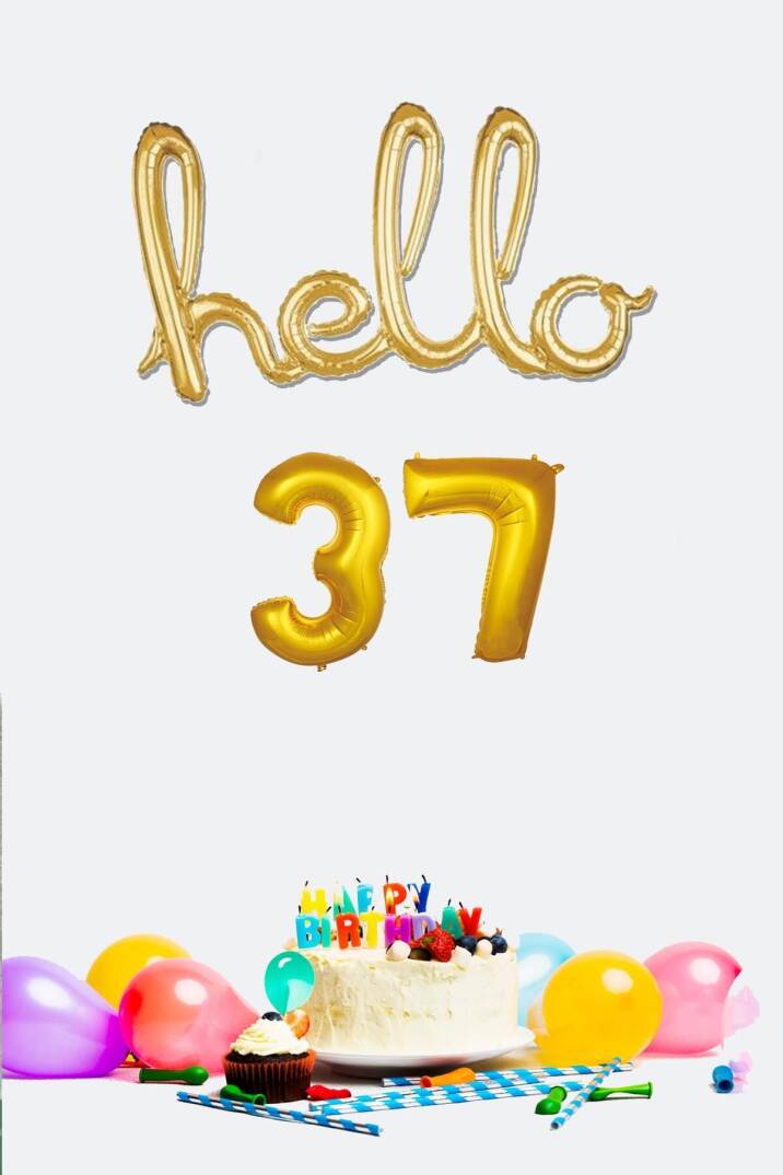 37 Yaş Doğum Günü Balonları - Hello 37 El Yazısı Gold Renk Folyo Balon - 1
