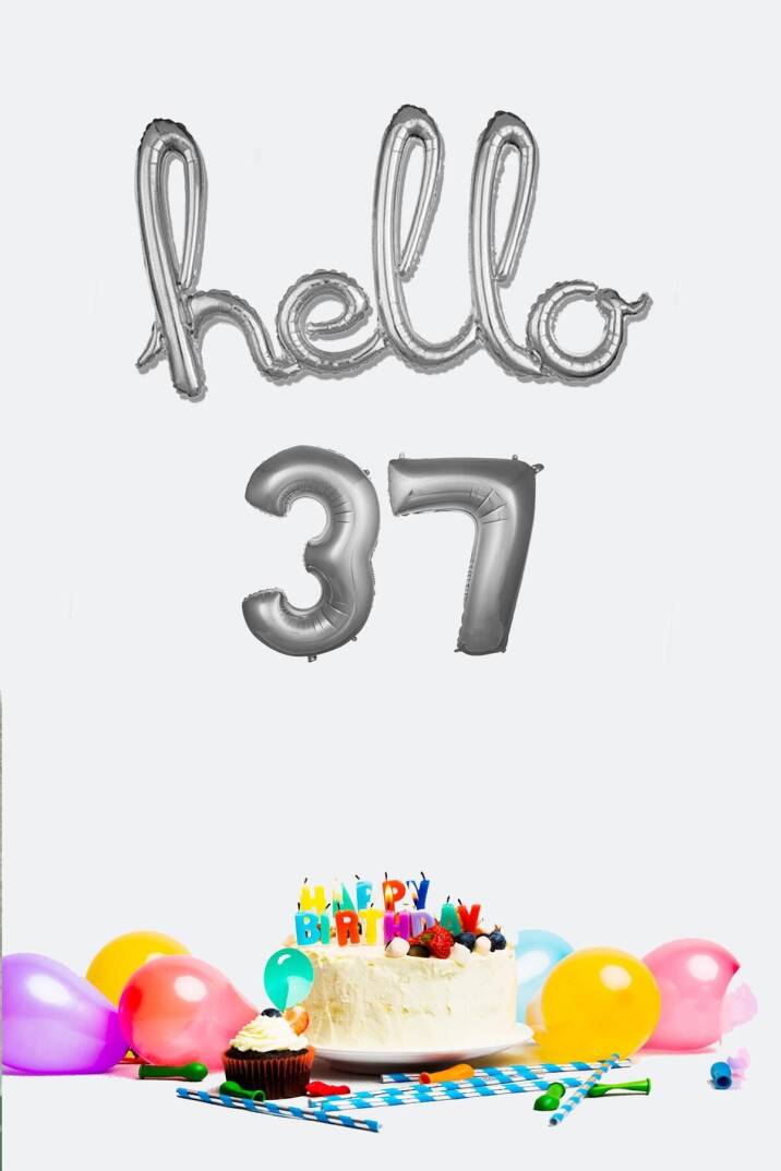 37 Yaş Doğum Günü Balonları - Hello 37 El Yazısı Gümüş Renk Folyo Balon - 1