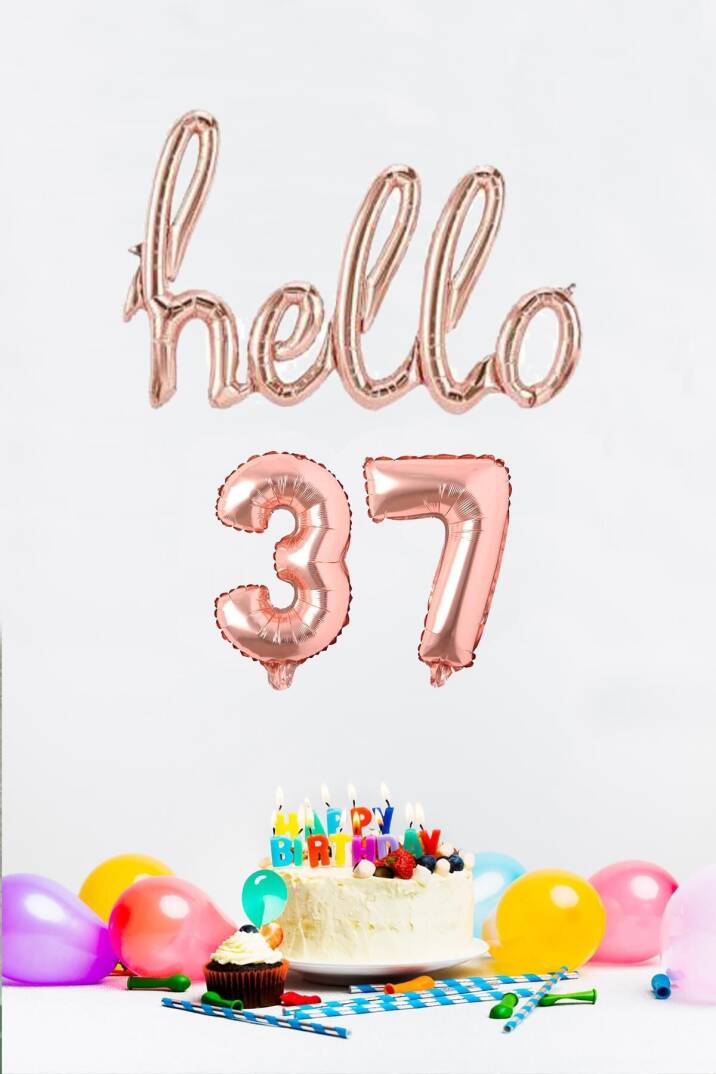 37 Yaş Doğum Günü Balonları - Hello 37 El Yazısı Rose Gold Renk Folyo Balon - 1