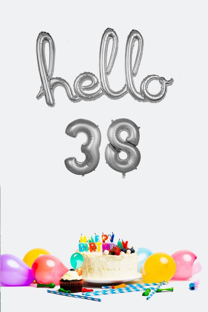 38 Yaş Doğum Günü Balonları - Hello 38 El Yazısı Gümüş Renk Folyo Balon - 1