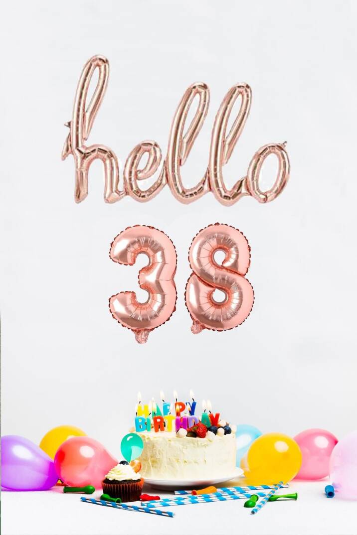38 Yaş Doğum Günü Balonları - Hello 38 El Yazısı Rose Gold Renk Folyo Balon - 1