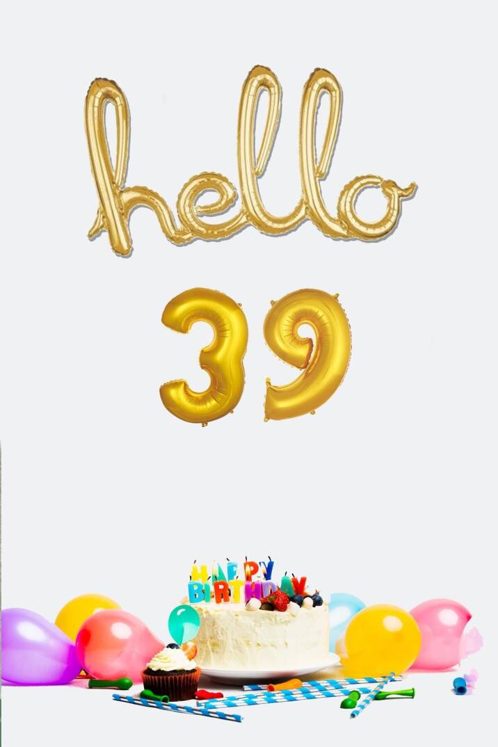 39 Yaş Doğum Günü Balonları - Hello 39 El Yazısı Gold Renk Folyo Balon - 1