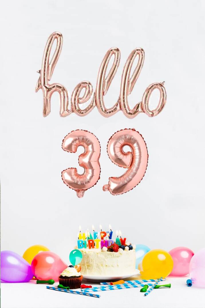 39 Yaş Doğum Günü Balonları - Hello 39 El Yazısı Rose Gold Renk Folyo Balon - 1