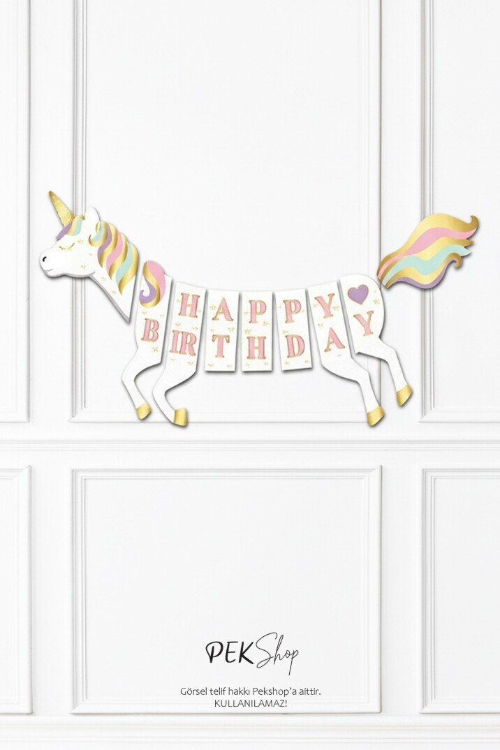 3D Unicorn Happy Birthday Banner Unicorn Doğum Günü Duvar Yazısı - 3