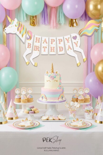 3D Unicorn Happy Birthday Banner Unicorn Doğum Günü Duvar Yazısı