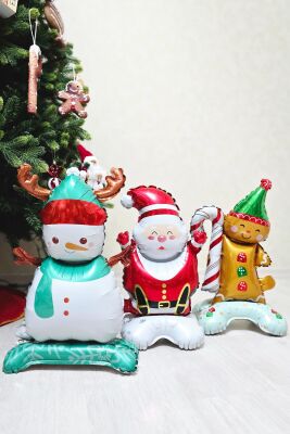 3lü Minik Ayaklı Yılbaşı Balonları Seti Kardan Adam Noel Baba Kurabiye Adam Yılbaşı Balonları Seti - 1