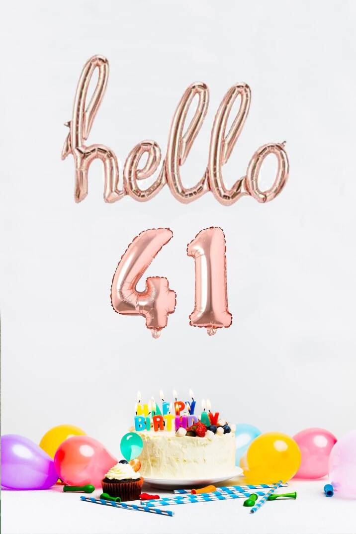 41 Yaş Doğum Günü Balonları - Hello 41 El Yazısı Rose Gold Renk Folyo Balon - 1