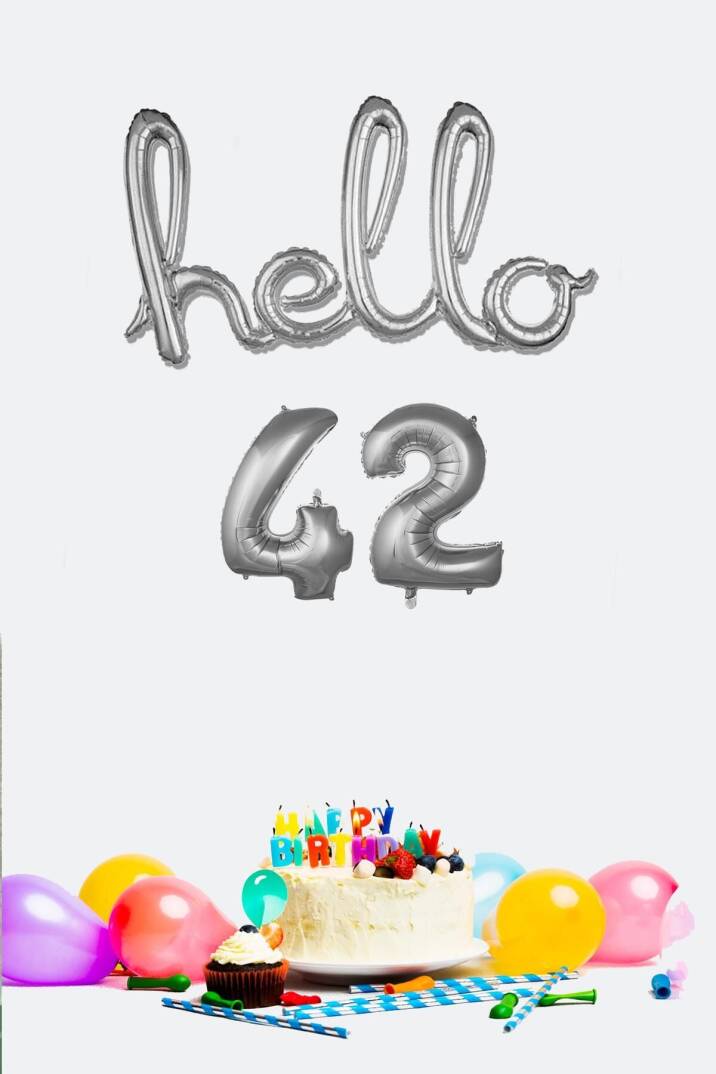 42 Yaş Doğum Günü Balonları - Hello 42 El Yazısı Gümüş Renk Folyo Balon - 1