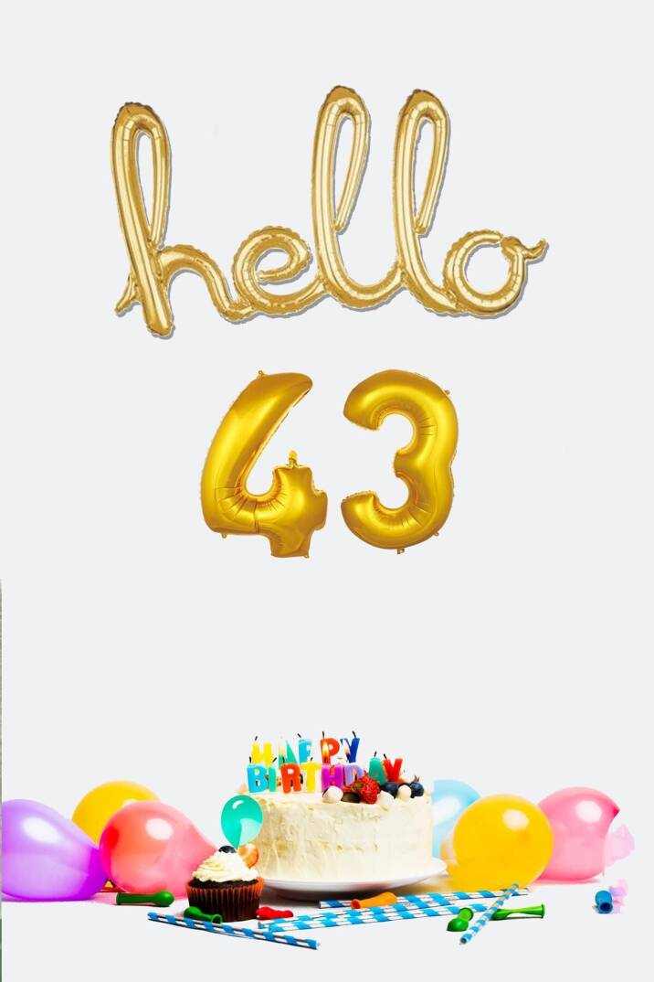 43 Yaş Doğum Günü Balonları - Hello 43 El Yazısı Gold Renk Folyo Balon - 1