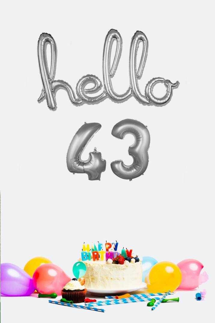 43 Yaş Doğum Günü Balonları - Hello 43 El Yazısı Gümüş Renk Folyo Balon - 1