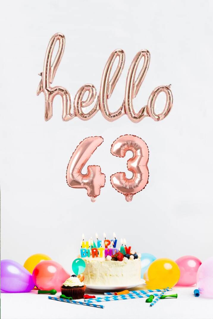 43 Yaş Doğum Günü Balonları - Hello 43 El Yazısı Rose Gold Renk Folyo Balon - 1
