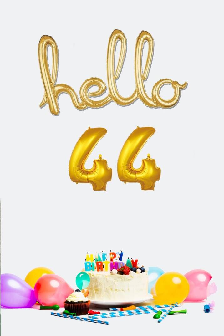 44 Yaş Doğum Günü Balonları - Hello 44 El Yazısı Gold Renk Folyo Balon - 1