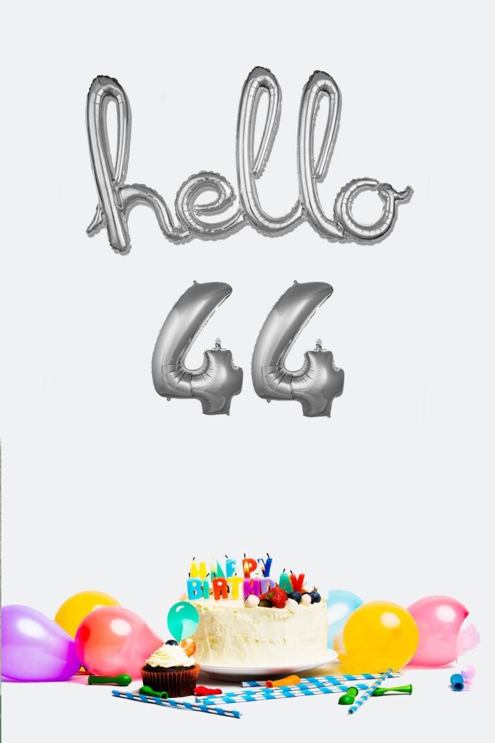 44 Yaş Doğum Günü Balonları - Hello 44 El Yazısı Gümüş Renk Folyo Balon - 1