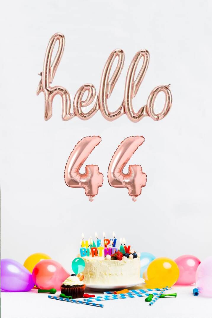 44 Yaş Doğum Günü Balonları - Hello 44 El Yazısı Rose Gold Renk Folyo Balon - 1