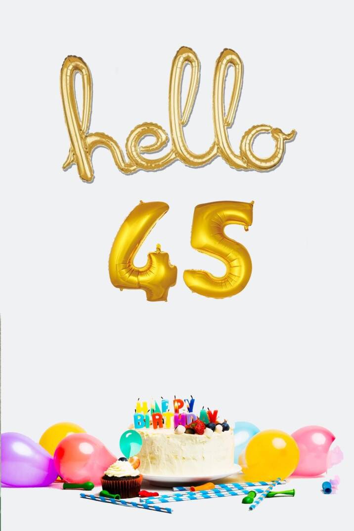 45 Yaş Doğum Günü Balonları - Hello 45 El Yazısı Gold Renk Folyo Balon - 1