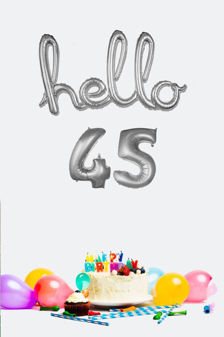 45 Yaş Doğum Günü Balonları - Hello 45 El Yazısı Gümüş Renk Folyo Balon - 1