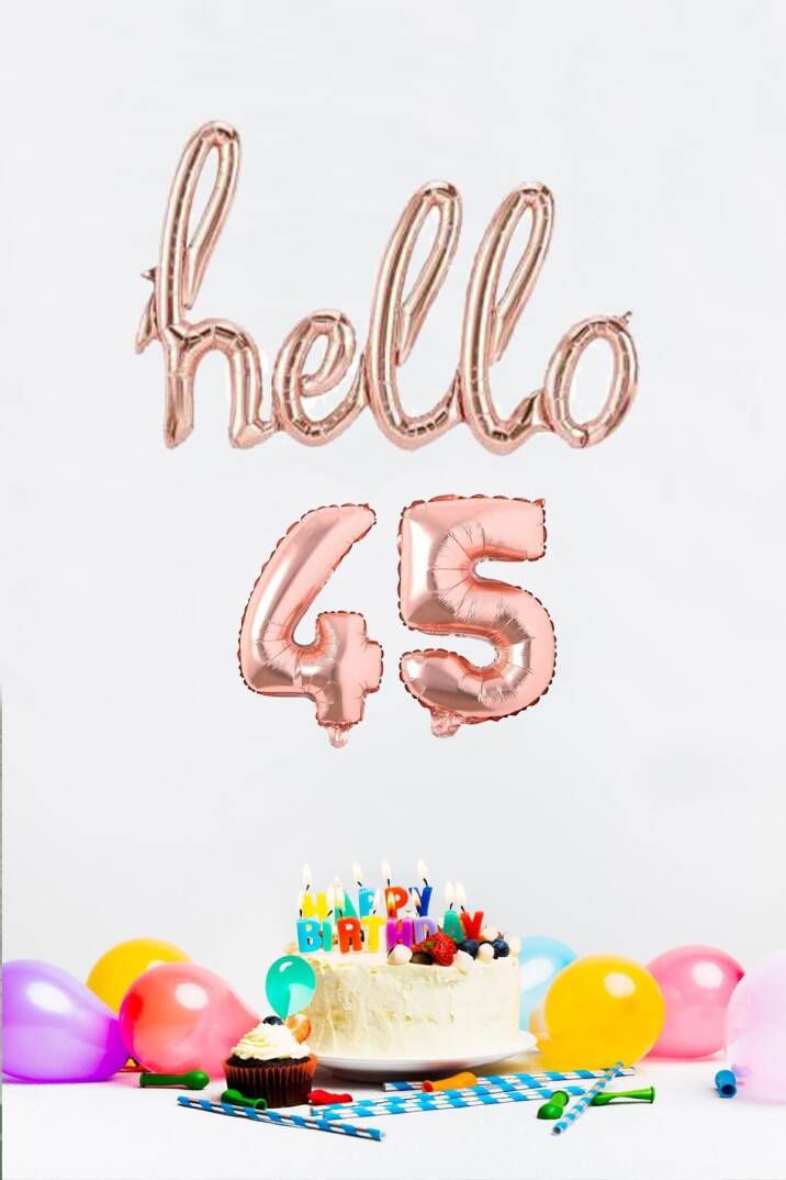 45 Yaş Doğum Günü Balonları - Hello 45 El Yazısı Rose Gold Renk Folyo Balon - 1