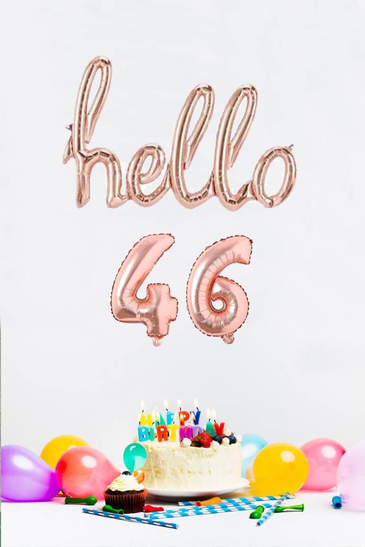46 Yaş Doğum Günü Balonları - Hello 46 El Yazısı Rose Gold Renk Folyo Balon - 1