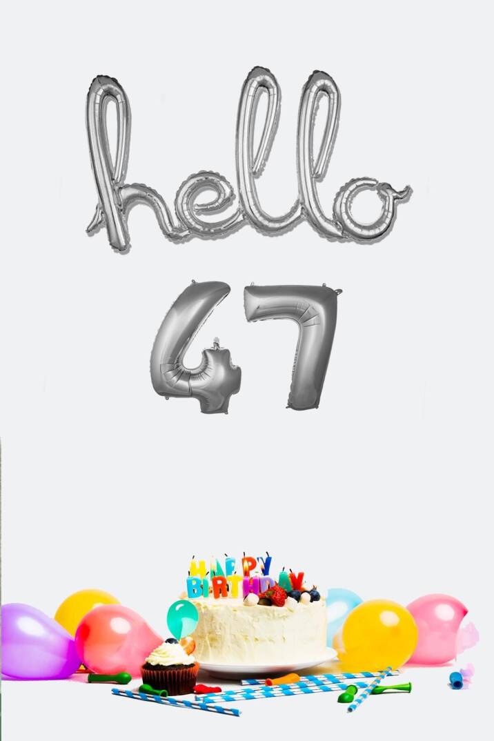 47 Yaş Doğum Günü Balonları - Hello 47 El Yazısı Gümüş Renk Folyo Balon - 1