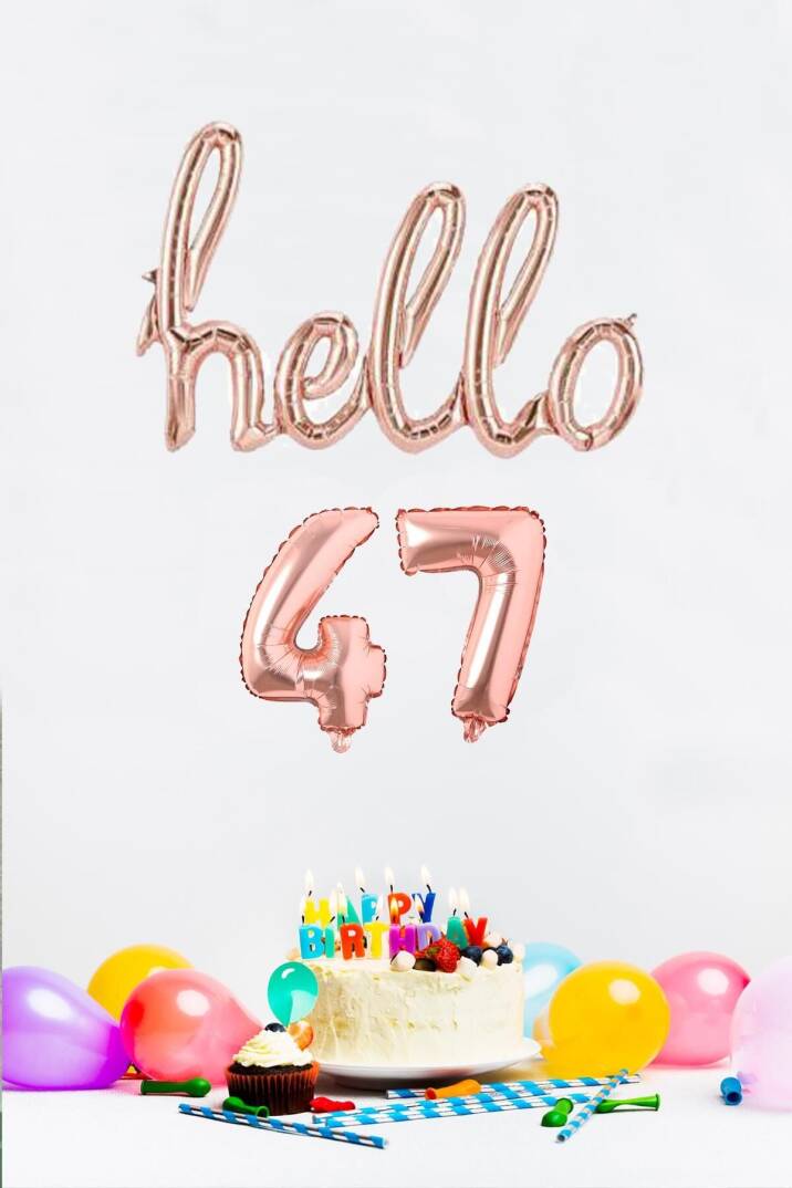 47 Yaş Doğum Günü Balonları - Hello 47 El Yazısı Rose Gold Renk Folyo Balon - 1