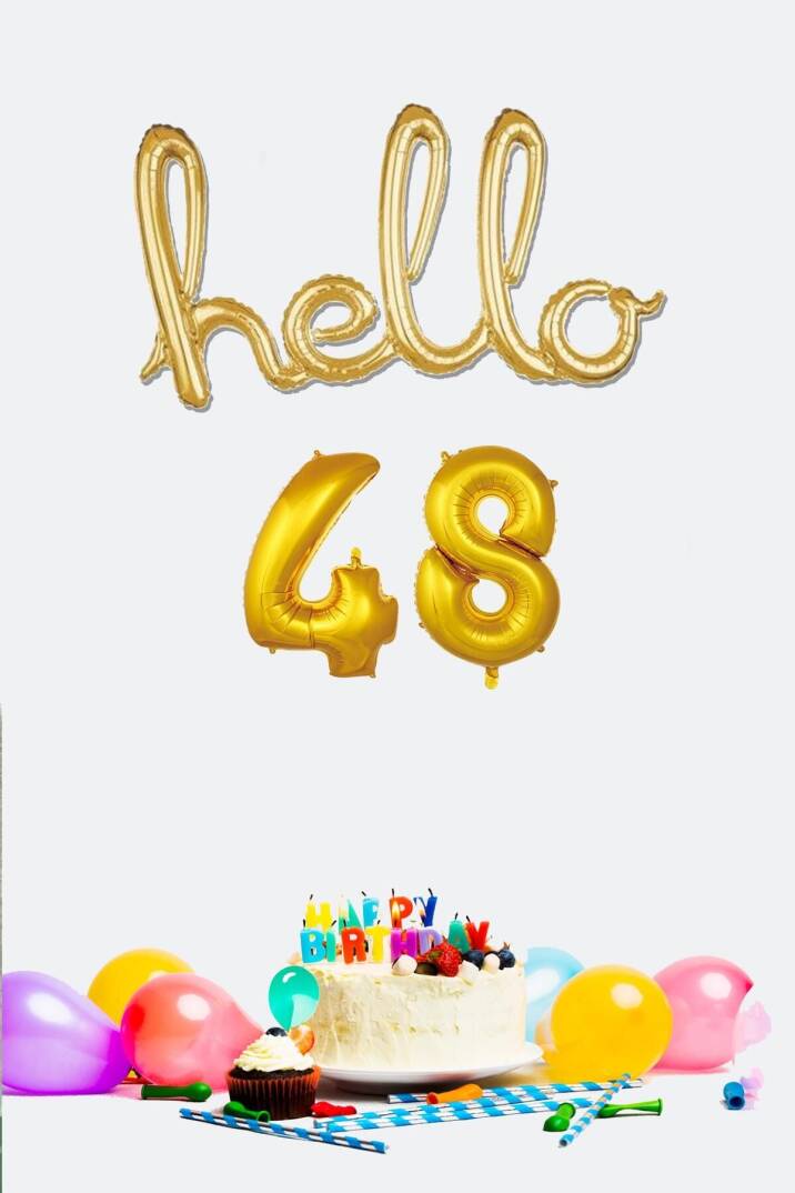 48 Yaş Doğum Günü Balonları - Hello 48 El Yazısı Gold Renk Folyo Balon - 1