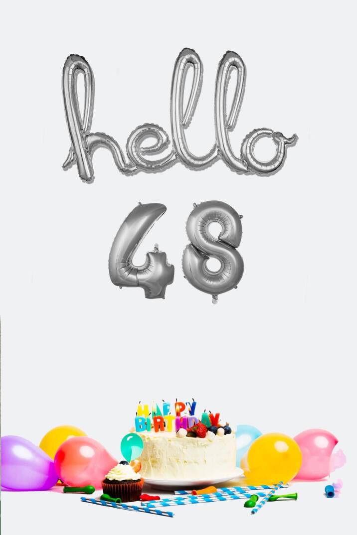 48 Yaş Doğum Günü Balonları - Hello 48 El Yazısı Gümüş Renk Folyo Balon - 1
