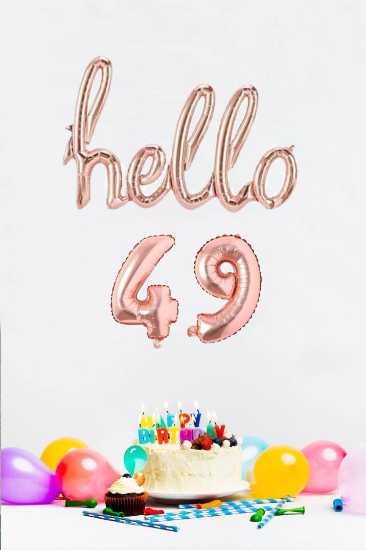 49 Yaş Doğum Günü Balonları - Hello 49 El Yazısı Rose Gold Renk Folyo Balon - 1