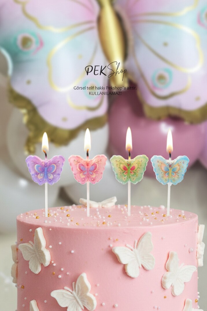 4lü Kelebek Mum Seti Kelebek Tema Doğum Günü Pasta Mumları - 2