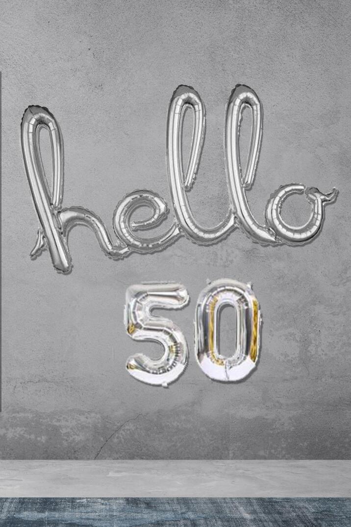 50 Yaş Doğum Günü Balonları - Hello 50 El Yazısı Gümüş Renk Folyo Balon - 1