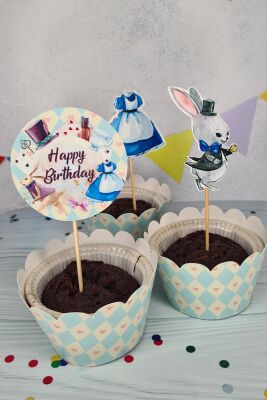 Alice in Wonderland Konsept Kürdan Süsleri Cupcake Süsleri Lüks Büyük Boy 10lu Paket - 1