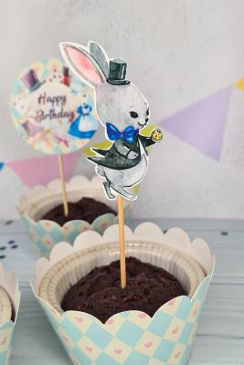 Alice in Wonderland Konsept Kürdan Süsleri Cupcake Süsleri Lüks Büyük Boy 10lu Paket - 3