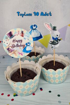 Alice in Wonderland Konsept Kürdan Süsleri Cupcake Süsleri Lüks Büyük Boy 10lu Paket - 4