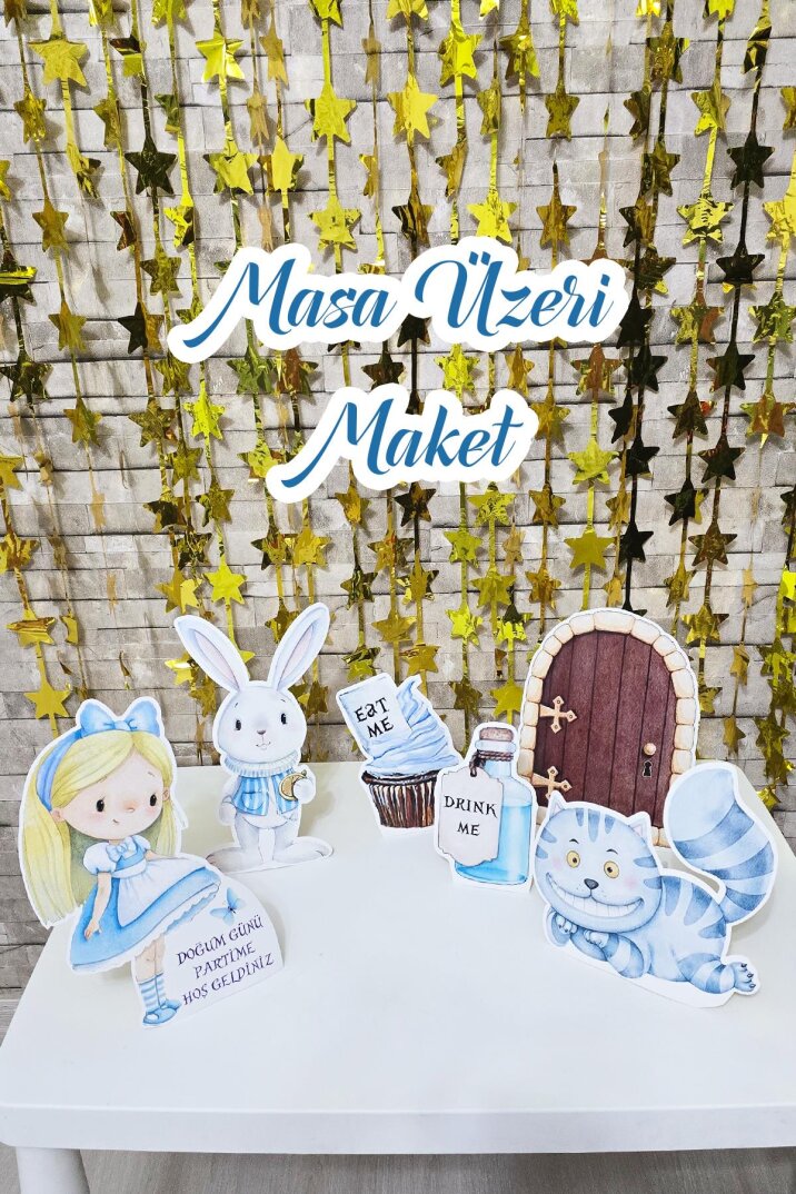 Alice in Wonderland Tema Doğum Günü Ayaklı Pano Seti Alice in Wonderland Doğum Günü Masa Üstü Panolar - 1
