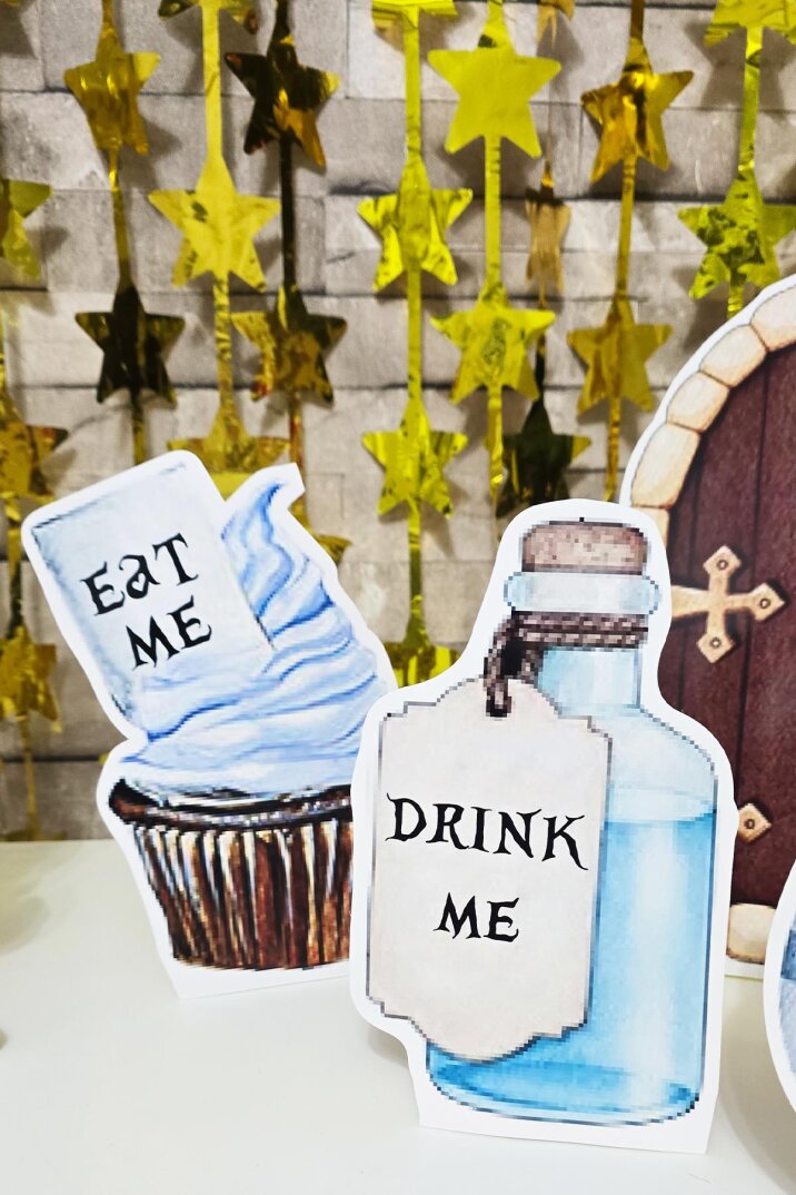 Alice in Wonderland Tema Doğum Günü Ayaklı Pano Seti Alice in Wonderland Doğum Günü Masa Üstü Panolar - 4