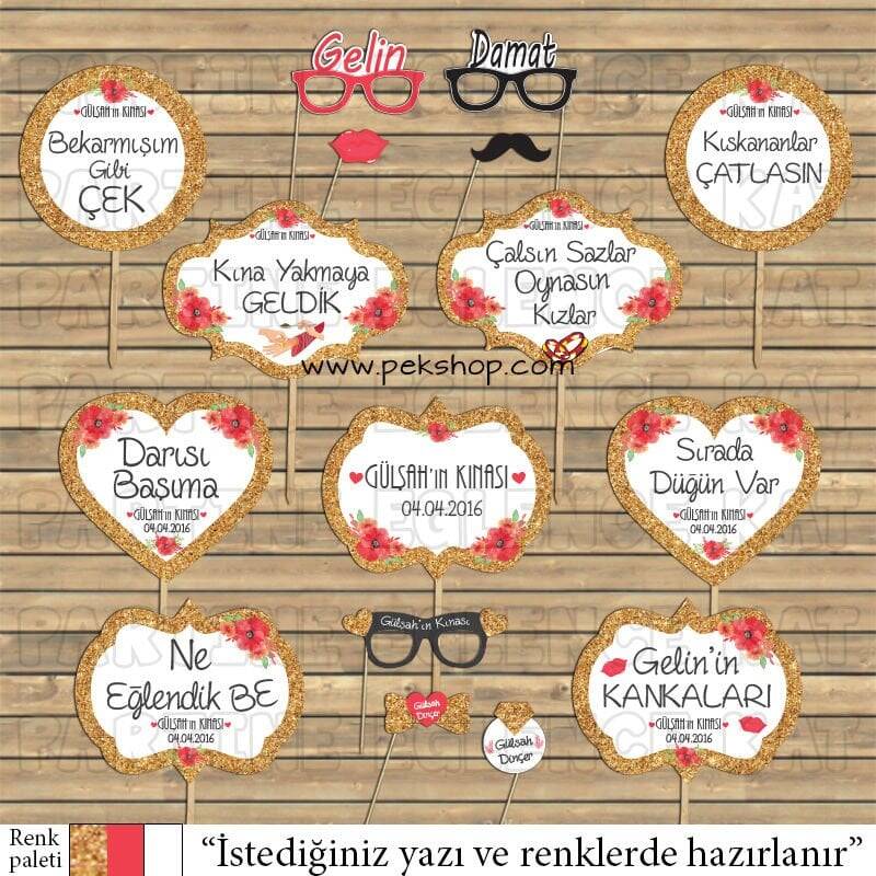Altın Glitter - Kırmızı Konsept Kına Gecesi Konsept Kişiye Özel Konuşma Balonları Seti - 1