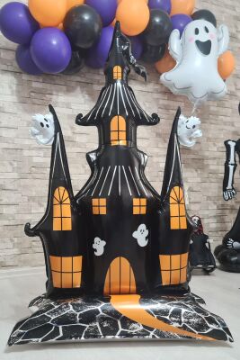 Ayaklı Şato Folyo Balon Yerde Durabilen Hayaletli Cadılar Bayramı Şatosu Halloween Süsleri - 1