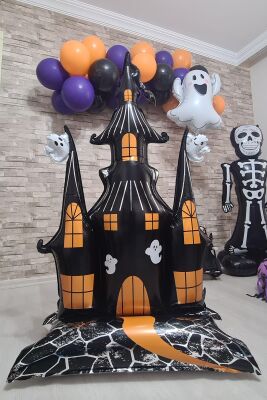 Ayaklı Şato Folyo Balon Yerde Durabilen Hayaletli Cadılar Bayramı Şatosu Halloween Süsleri - 3