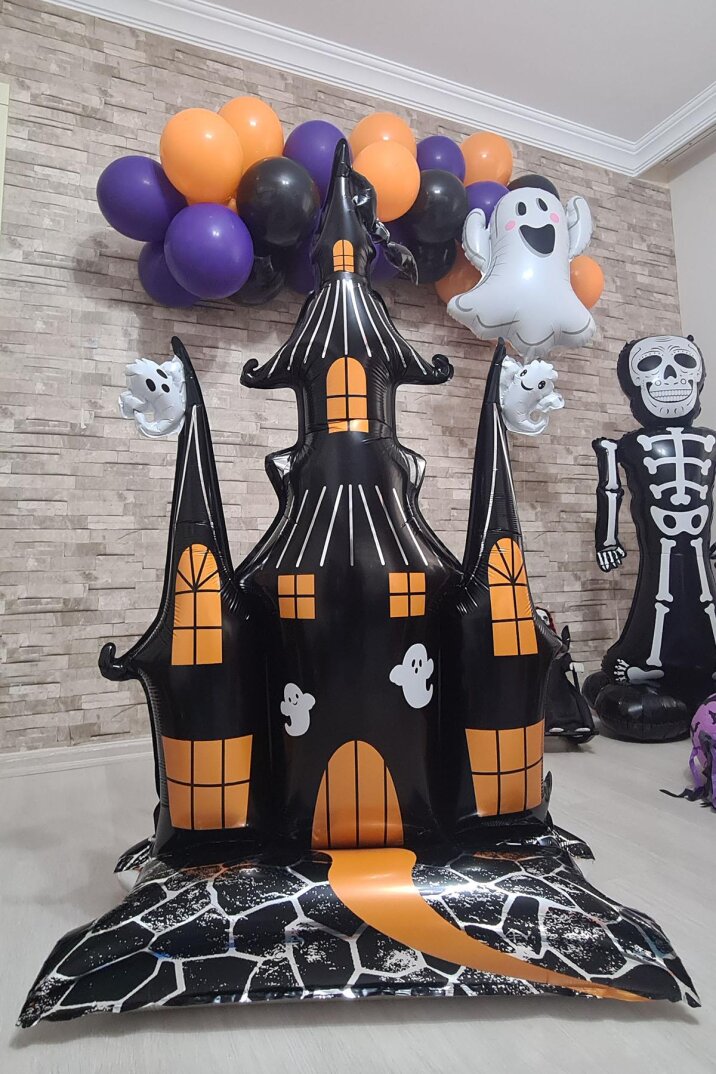Ayaklı Şato Folyo Balon Yerde Durabilen Hayaletli Cadılar Bayramı Şatosu Halloween Süsleri - 3