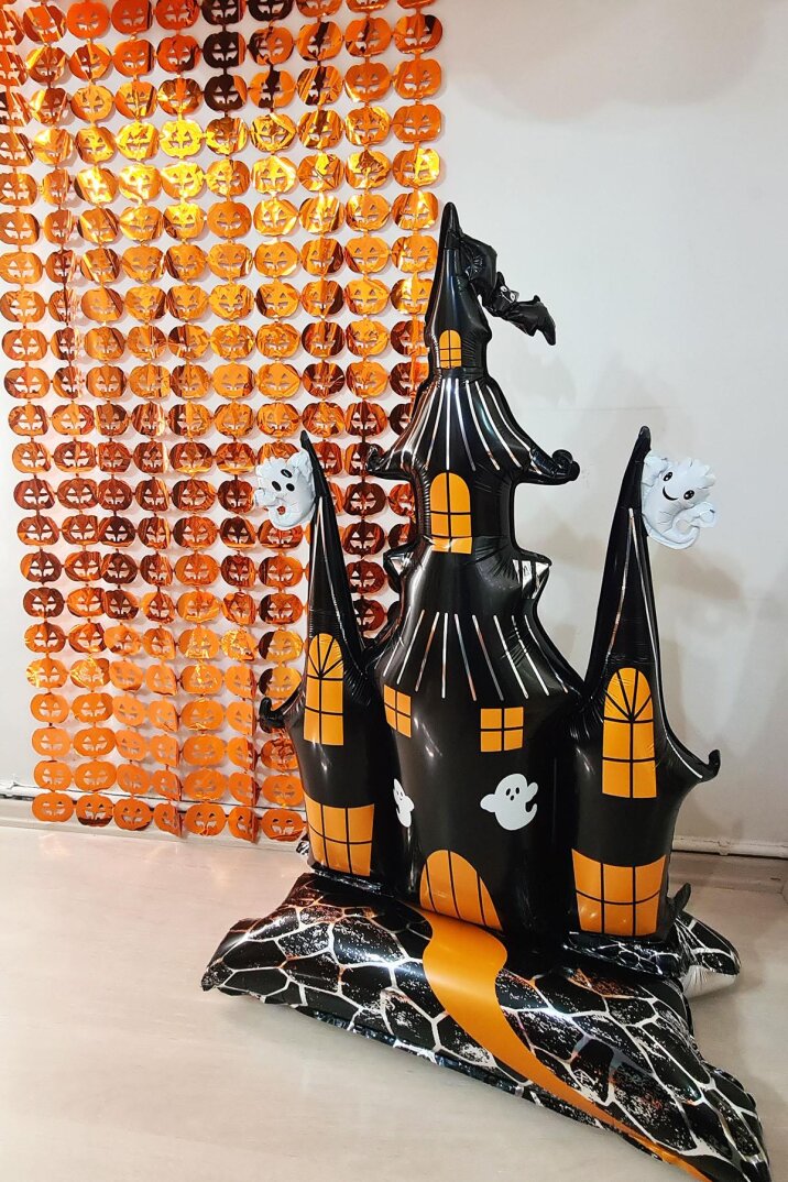 Ayaklı Şato Folyo Balon Yerde Durabilen Hayaletli Cadılar Bayramı Şatosu Halloween Süsleri - 4