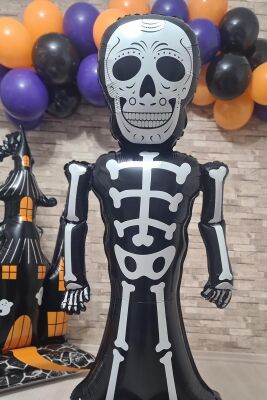 Ayaklı Siyah İskelet Folyo Balon Cadılar Bayramı Halloween Süsleri Dev İskelet Folyo Balon - 3