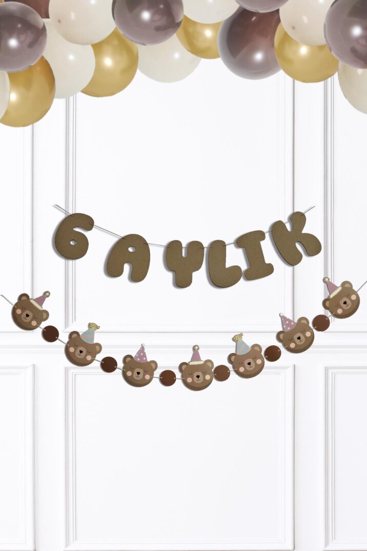 Ayı Konsept 6 Aylık Banner Yarım Yaş Partisi 6 Aylık Yazılı Ayıcıklı 2li Banner Süs - 1