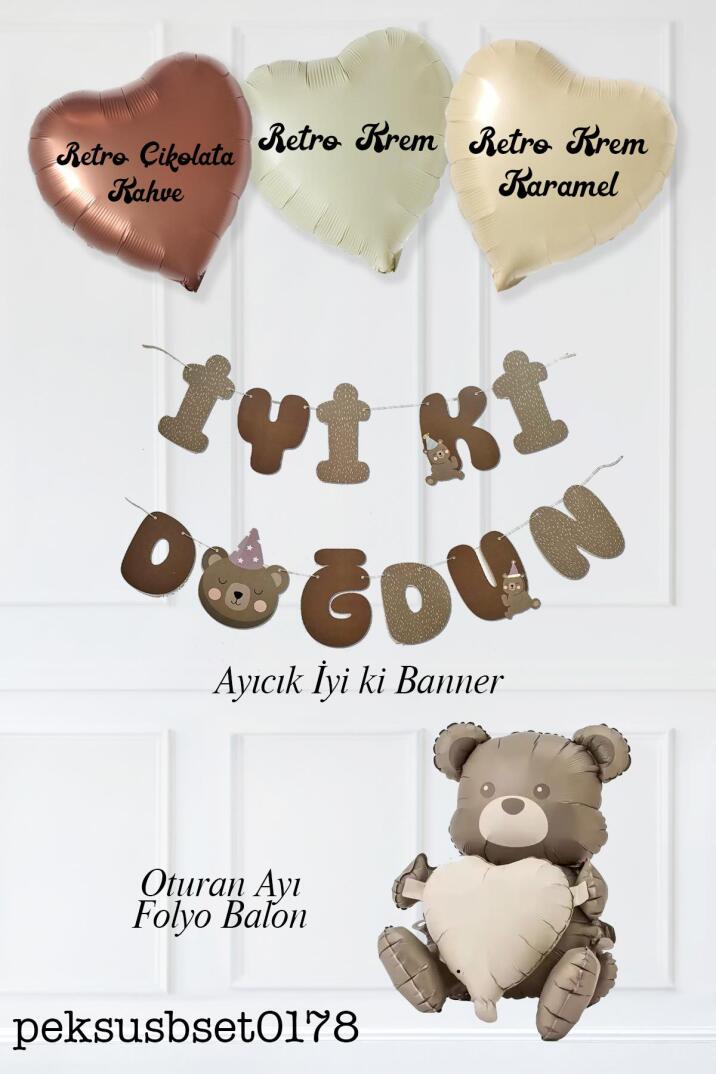 Ayıcık Konsept Doğum Günü Süsleme Seti Oturan Kalpli Ayıcık , Retro Kalp Balonlar Ve Ayı Tema İyi Ki Doğdun Banner - 2