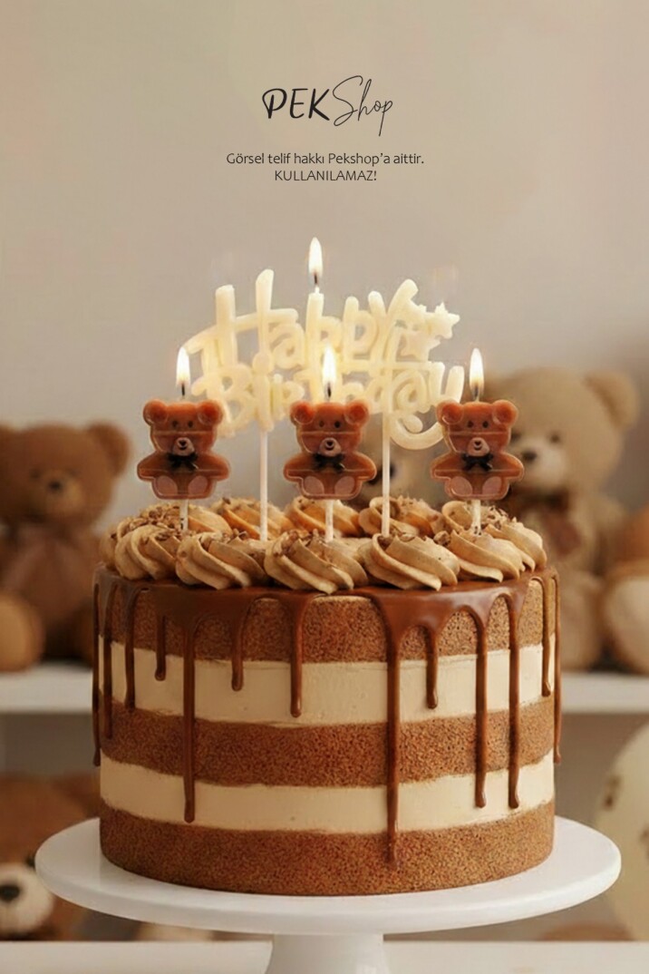 Ayıcık Tema Happy Birthday Mum Seti 4lü Ayıcık Tema Doğum Günü Pasta Mum Seti - 1