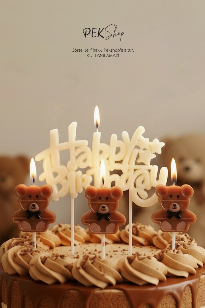 Ayıcık Tema Happy Birthday Mum Seti 4lü Ayıcık Tema Doğum Günü Pasta Mum Seti - 2