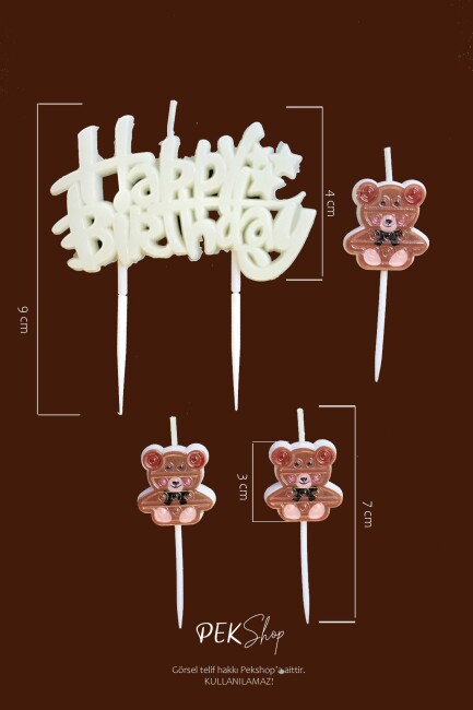 Ayıcık Tema Happy Birthday Mum Seti 4lü Ayıcık Tema Doğum Günü Pasta Mum Seti - 3