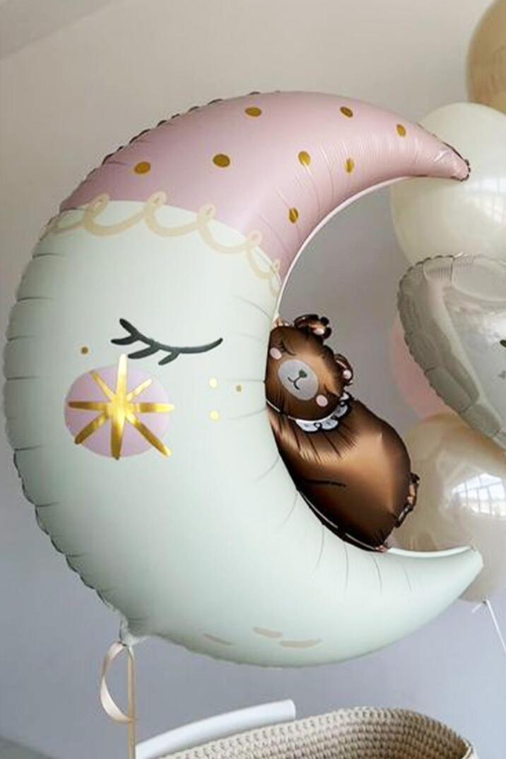 Ayıcıklı Ay Balon Sevimli Ayı Ay Dede Folyo Balon Doğum Baby Shower Balonu 80cm - 1