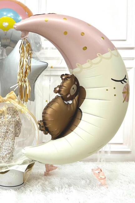 Ayıcıklı Ay Balon Sevimli Ayı Ay Dede Folyo Balon Doğum Baby Shower Balonu 80cm - 2