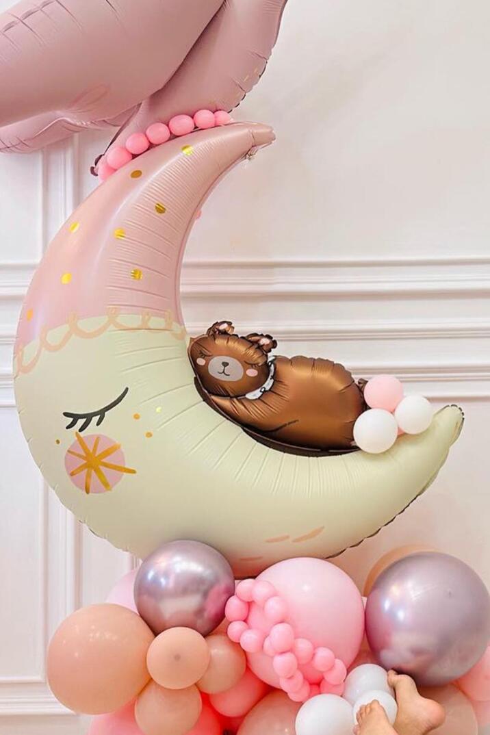 Ayıcıklı Ay Balon Sevimli Ayı Ay Dede Folyo Balon Doğum Baby Shower Balonu 80cm - 3
